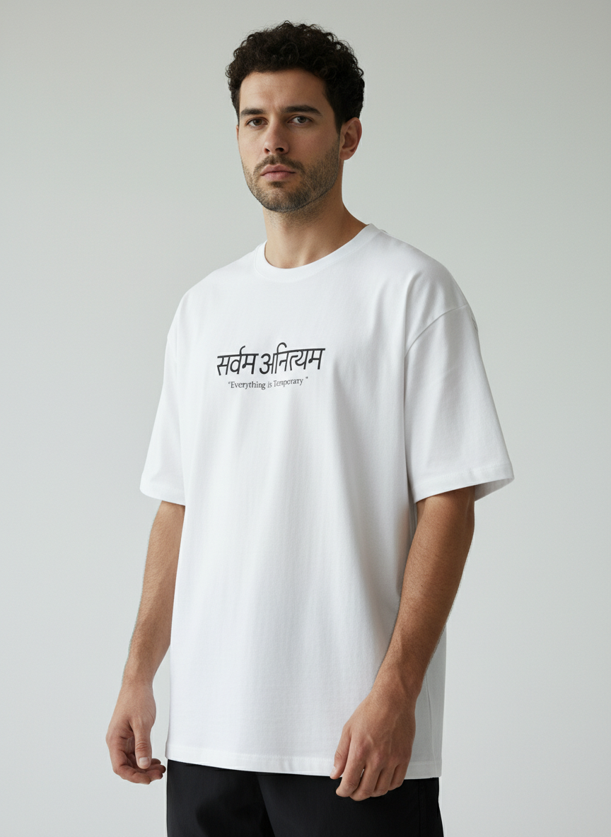Sarvam Anityam Terry Oversized T-Shirt – Sanskrit “Everything Is Temporary” Quote Tee