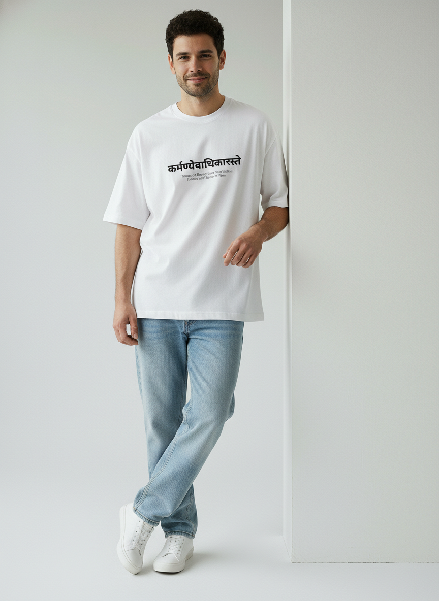 Karmanye Vadhikaraste Sanskrit Terry Oversized T-Shirt – Karma Quote Minimal Graphic Tee