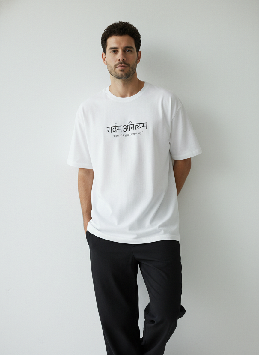 Sarvam Anityam Terry Oversized T-Shirt – Sanskrit “Everything Is Temporary” Quote Tee