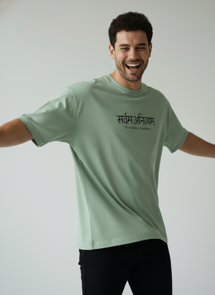 Sarvam Anityam Terry Oversized T-Shirt – Sanskrit “Everything Is Temporary” Quote Tee