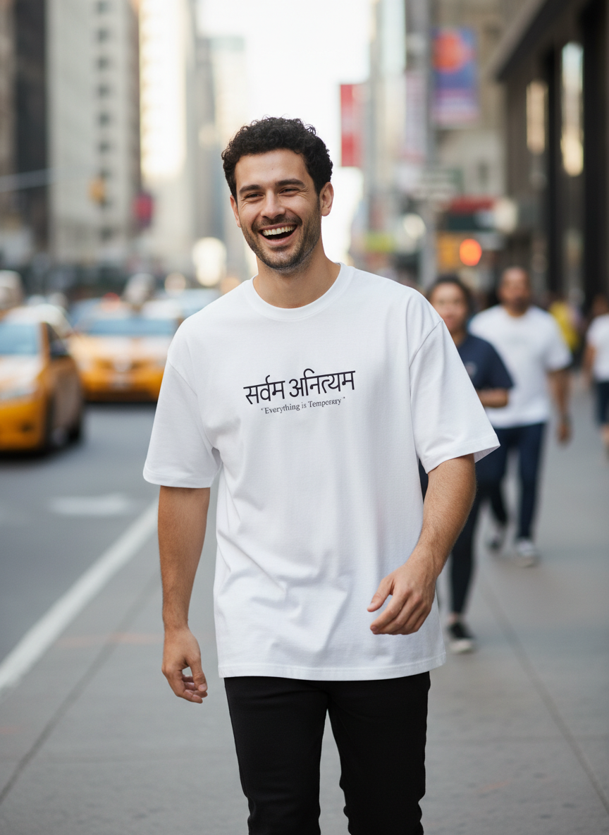 Sarvam Anityam Terry Oversized T-Shirt – Sanskrit “Everything Is Temporary” Quote Tee